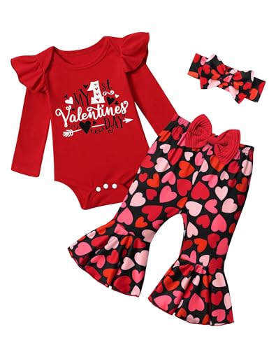 Image of ADIFUN Baby Girl Clothes,4pcs Infant Newborn Girl Outfits Ruffle Romper Baby Bell Bottoms Headband Bandana Clothes Sets Gifts