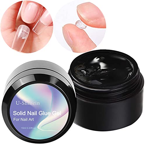 U-Shinein 2x10ml Solid Nail Glue Gel, Nail Tips Glue Gel for Acrylic Nails, Press on Solid Glue Gel, Solid Gel Polish Nail Art Manicure Glue Gel, Need UV/LED Lamp Longer Cure