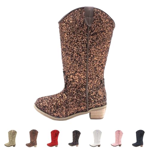 Girls Glitter Cowboy Boots Mid Calf Rhinestone Low Heel Western Horse Riding Shoes Kids Princess Birthday Boots2