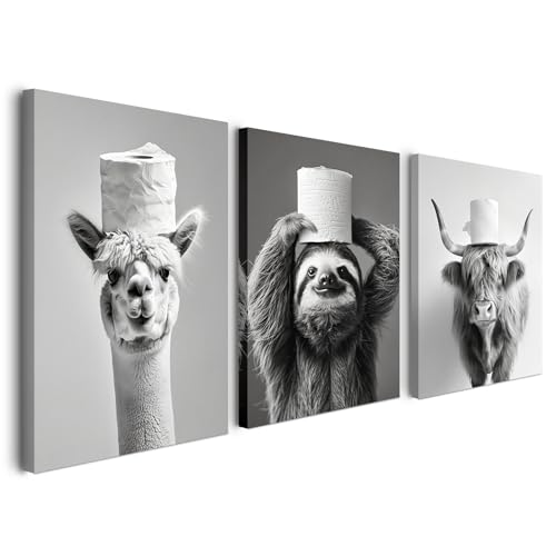 Alptiny Lustige Wandbilder Badezimmer 3er Set 30×40 cm – Schwarz Weiß Tiermotive mit Toilettenpapier, WC Bilder für Gäste WC, Badezimmer Deko Wandbild