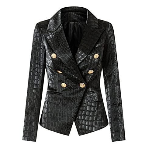 Animal Crocodile Pattern Leather Black Blazer for Women Double Breasted Buttons Luxurious PU Street Jackets