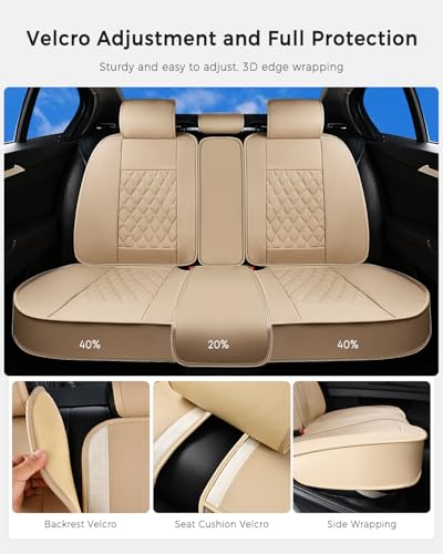 Image of Huidasource Beige Car Rear Seat Covers, Nappa Leather Back Seat Cover, Automotive Rear Bench Seat Cushion Cover Universal Fit for Most Cars Sedan SUV Pickup Truck (Back Row /Beige)