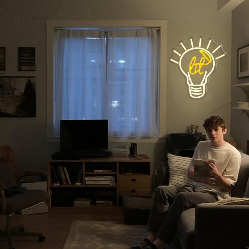 Image of It's Lit! Edison Bulb Neon Sign Lit it up Yellow Funny LED Light Lamp Super exciting Gift for Young Trendy People Guys Cool Vibe Lighting for Party, Basement, Bar, College Dorm, Pub Decor