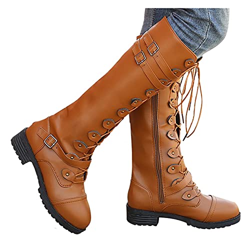 Hbeylia Knee High Combat Boots For Women Ladies Vintage Retro Leather Lace Up Round Toe Chunky Block Low Heels Over The Knee Length Motorcycle Riding Boots Winter Tall Boots Shoes