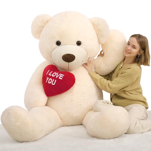 MorisMos I Love You Ours en Peluche Geant avec Cœur, 1m83 XXXL Nounours Beige Geante Kawaii Douce Câlin, Mignonne Cadeau Noel pour Femme Filles Petite Amie Maman Anniversaire Fête Decoration