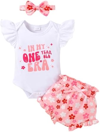 YOUNGER TREE Infant Baby Girl 1st Birthday Outfits Bumble Bee Printed One Romper Shorts Headband Summer Ruffle Sleeve Clothes (IN MY ONE ERA, 12-18 Months)