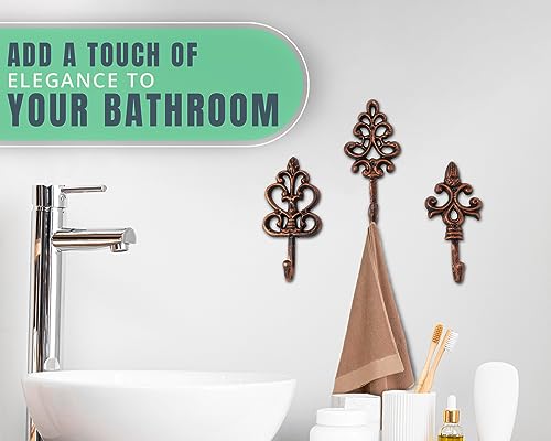 Comfify Shabby Chic Decorative Wall Hooks - Set of 3 - Cast Iron French Country Wall Decor - Farmhouse Hangers for Coats, Purses and More - Copper with Black