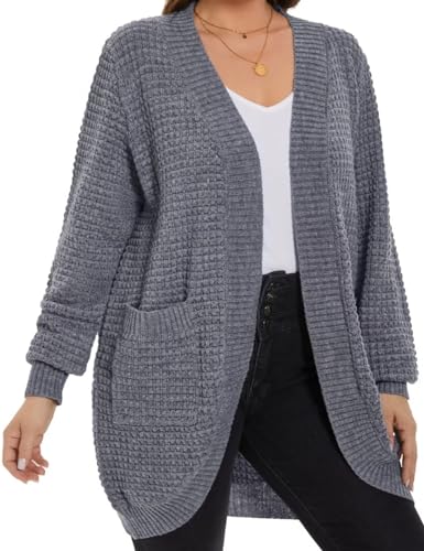 Image of MONNURO Womens Plus Size Open Front Cardigan Waffle Knit Long Sleeve Sweaters Tops Fall Coat Outerwear with Pockets