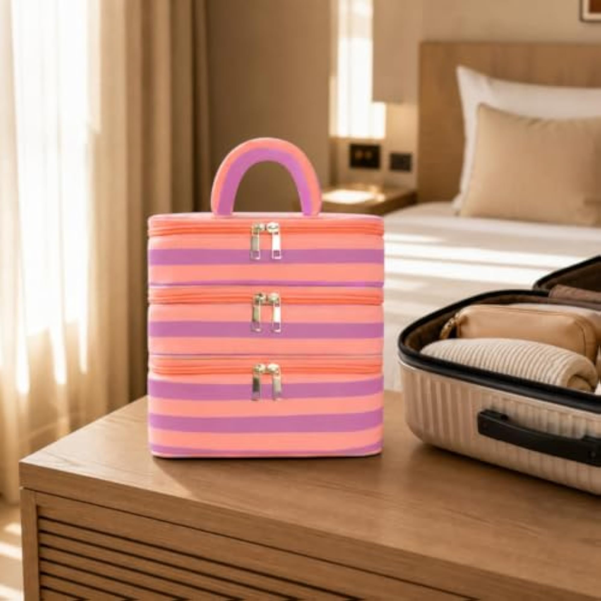 Multi-Compartment Three-Tier Cosmetic Bag, Large Capacity