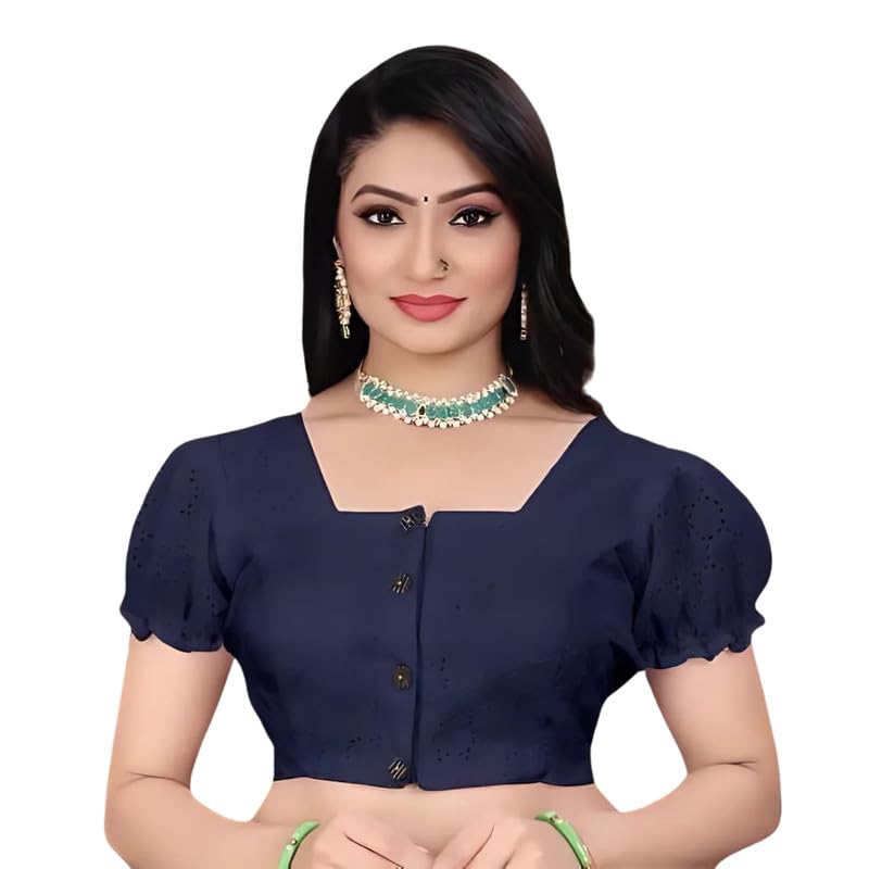 PRO Creation Women's Pure Cotton Blouse with V-Neck & Short Sleeve, Readymade Saree Blouse for Girls & Women, Solid Stretchable Comfy Stylish Ethnic Design(KRISHI)-picture-49