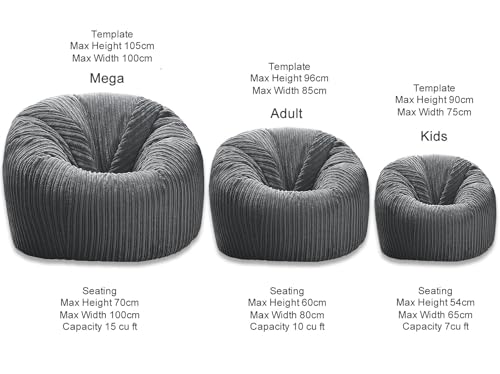 Beautiful Beanbags - XXL Jumbo Cord MEGA Classic Bean Bag Chair - Adult Size Ready Filled - Grey
