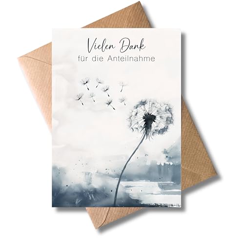 WBdesignz Dankeskarte Trauer 10er Set mit Umschlägen Vielen Dank für die Anteilnahme stilvolle Karten mit Pusteblume hochwertige Beileidskarten (DIN A6)