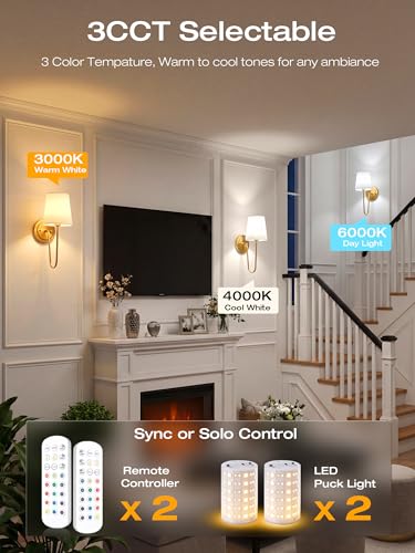 Image of CLOUDY BAY 10000mAh Battery Operated Wall Sconces,Up to 100 Hours with Rechargeable RGB Dimmable Magnetic Bulb,Cordless Wall Lighting Fixtures with Remote for Bedroom,Soft Gold,2 Pack-15.4in