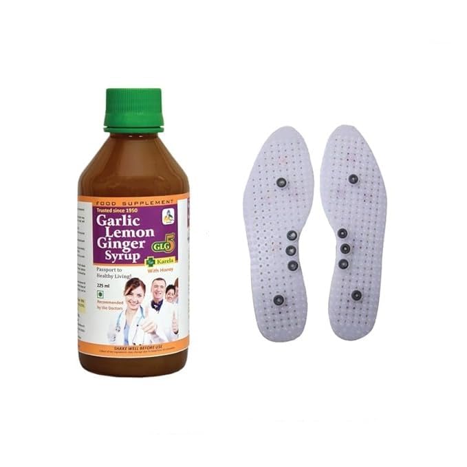 SKSB GLG5+ Karela Diabetes & Sugar Control Syrup Garlic,Lemon,Ginger,Karela,Turmeric & American Apple Cider Vinegar with Honey 225ml each with one No. Shoe Insole White for Acupresure of Body Organs-image-15