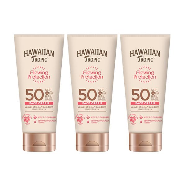 HAWAIIAN Tropic Glowing Protection Locion Solar Facial, Crema Solar Protectora para el Rostro Waterproof con SPF 50 UVA + UVB Protection, Fragancia Tropical, con Manteca de Karité, 50 ml (Pack x3)