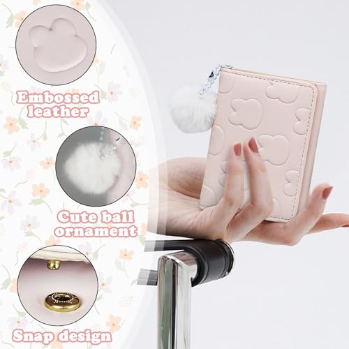 FuninCrea Wallet Women, PU Leather Womens Wallet Small Wallets with Multiple Card Slots, Portable Credit Card Holder for Women Ladies Wallet Cute Wallet with Heart ID Window Plush Ball (Pink)3