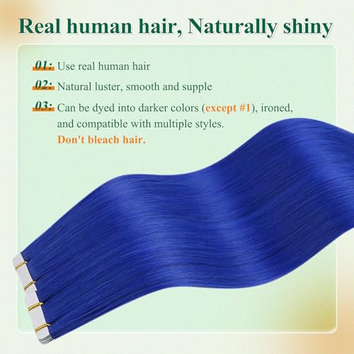 Image of Easyouth Tape in Hair Extensions Real Human Hair Blue Seamless Tape in Hair Extensions Human Hair Colored Tapes in Hair Extensions Real Human Hair 16 Inch 25G 10Pcs