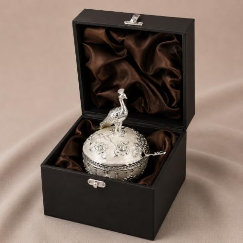 Image of Diviniti Silver Plated Peacock Sugar Pot with Lid | Decorative Storage Jar for Sugar, Mouth Fresheners & Dry Snacks | Luxury Home Decor Item for Dining Table, Kitchen & Gifting (White)