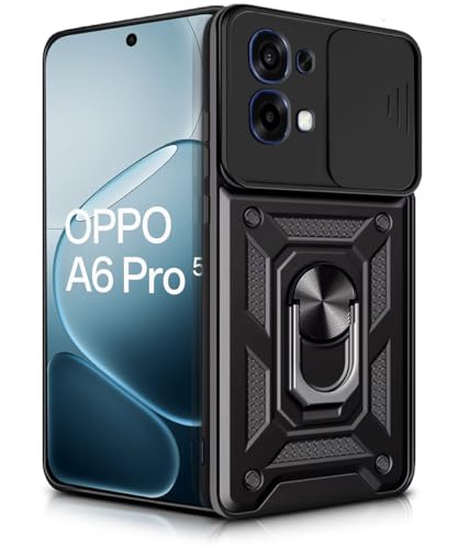 Image of WOW IMAGINE Tough Armor Bumper Mobile Back Case for Oppo A6 Pro 5G | Sliding Camera Cover | Shock Proof 360 Protection | Hybrid PC + TPU | Ring Holder with Kickstand - Black