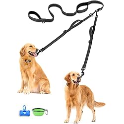 PetBonus Double Dog Leash, No Tangle Dual Leash, Reflective Walking Training Lead, 4 Comfortable Padded Handles for 2 Dogs with Collapsible Bowl and Waste Bags (Black, Large)
