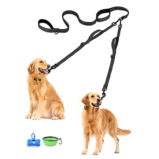 PetBonus Double Dog Leash, No Tangle Dual Dog Leash, Reflective Walking Training Leash, 4 Comfortable Padded Handles for 2 Dogs with Collapsible Bowl and Waste Bags Dispenser, Black