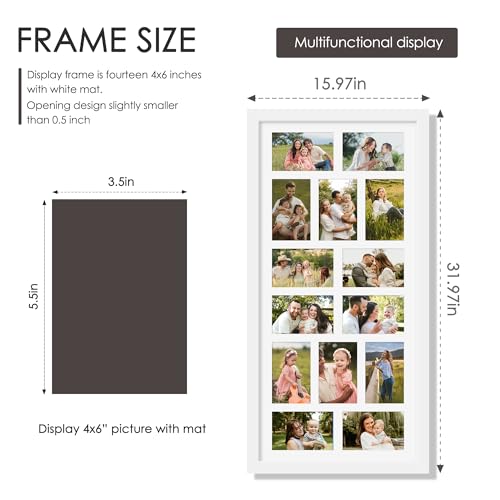 Image of DUENPY 14x30 Picture Frame 4x6 Collage Picture Frame Displays Fourteen 4x6 inch Photos Collage Wall Decor Wall Hanging White