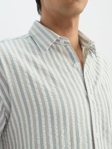 Image of The Souled Store: Veridian Men and Boys Long Sleeve Spread Collar White and Light Green Striped Cotton Regular Shirt