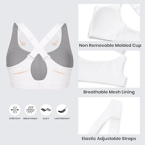 Image of CRZ YOGA Womens Zip Front High Impact Sports Bra - Molded Cup Adjustable Convertible Straps Wireless Workout Yoga Crop Top