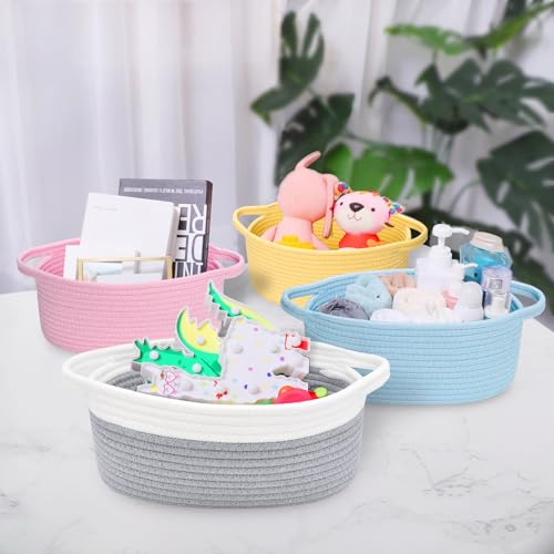 Image of ABenkle Small Basket with Handles, Boho Decorative Rope Woven Dog Cat Toy Storage Bin Shelf Storage Organizer, Easter Christmas Gift Basket, 12 inchx8 inchx5 inch, Grey