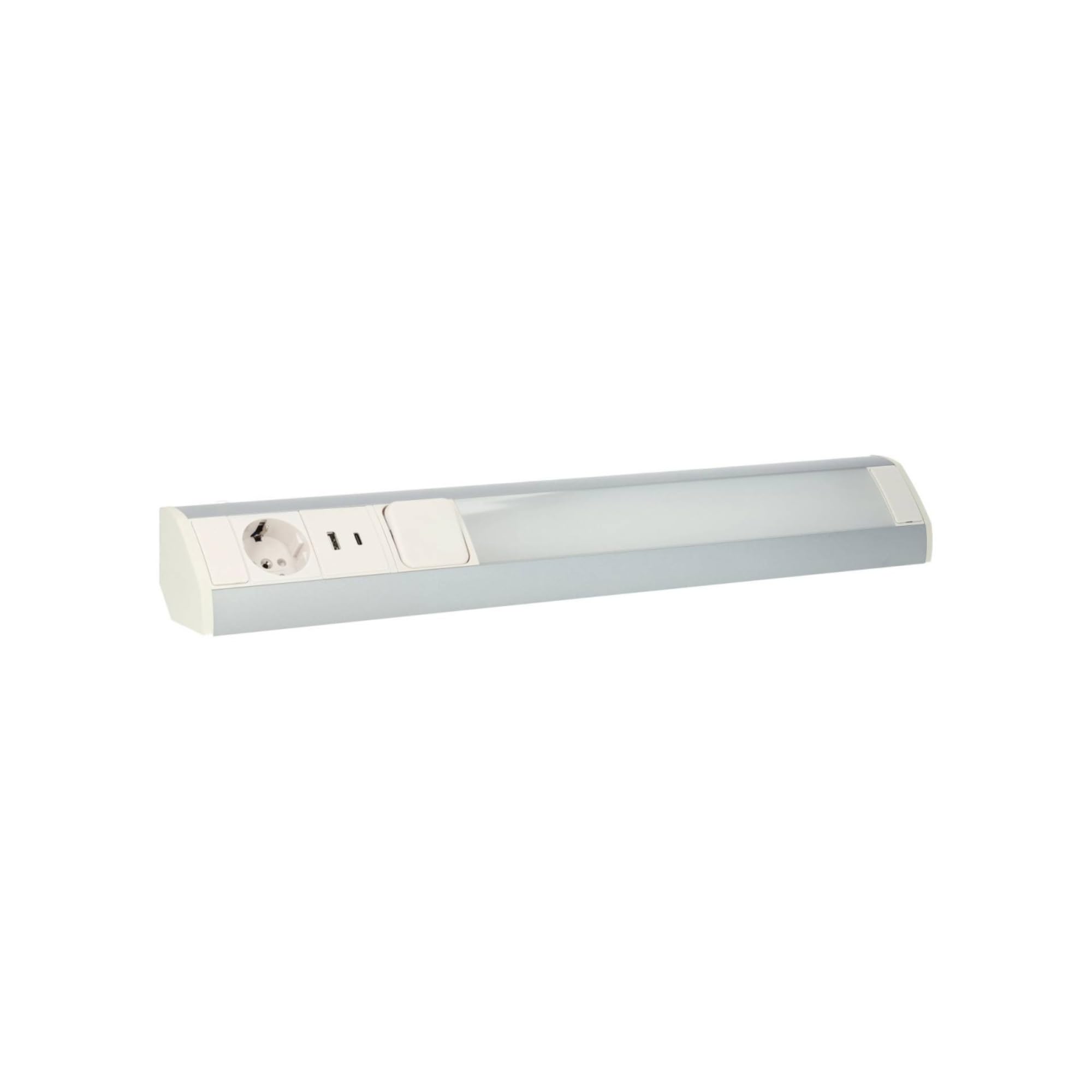 Barra LED Bajo Mueble Cocina con Enchufe Schuko y USB A+C, Regleta LED Bajo Mueble 9W, Barra LED 900lm, Regleta Enchufes para Cocina, Taller, 52 cm, Plata