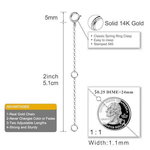 Image of 14K Solid Gold Necklace Extender Real Bracelet Extender 2 3 4 Inch Durable Adjustable Chain Gold Anklets Extension for Women 2 inch 3 inch 4 inch (14K White Gold-2 IN)