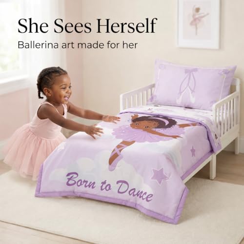Image of EVERYDAY KIDS 4 Piece Toddler Bedding Set - African American Ballerina - Includes Comforter, Flat Sheet, Fitted Sheet and Reversible Pillowcase - Girls Toddler Bedding