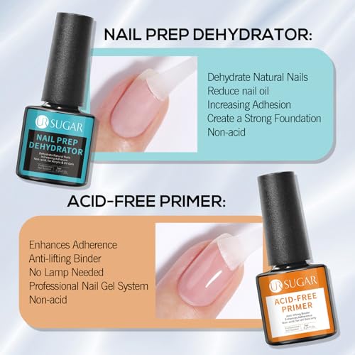 UR SUGAR 4 Pcs Nail Dehydrator Nail-Primer Base and Top Coat, Acid Free Natural Nail Prep Dehydrate & Bond Nail-Primer Kit, Glossy Surface Quick Drying Long Lasting and Easy to Apply