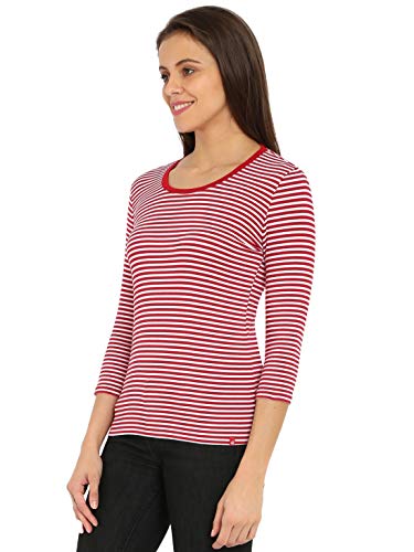 Image of Jockey 1360 Women's Super Combed Cotton Elastane Stretch Slim Fit Striped Round Neck Three Quarter Sleeve T-Shirt