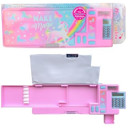 Hot Focus Unicorn Pencil Case – Cool Multifunction Mechanical Pencil Box for Girls, 2 Compartments w/Pop-Out Calculator & Sharpener, Unique Stationery Set, Perfect Stationery Gift for Kids & Teens. Cover
