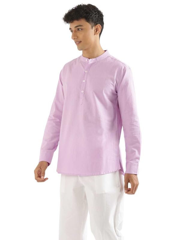 Image of SAADAA Men's Short Kurta - Linen Cotton Blend, Airy Fabric, Regular Fit, Mandarin Collar, Solid Color - Casual, Festive & Ethnic Wear