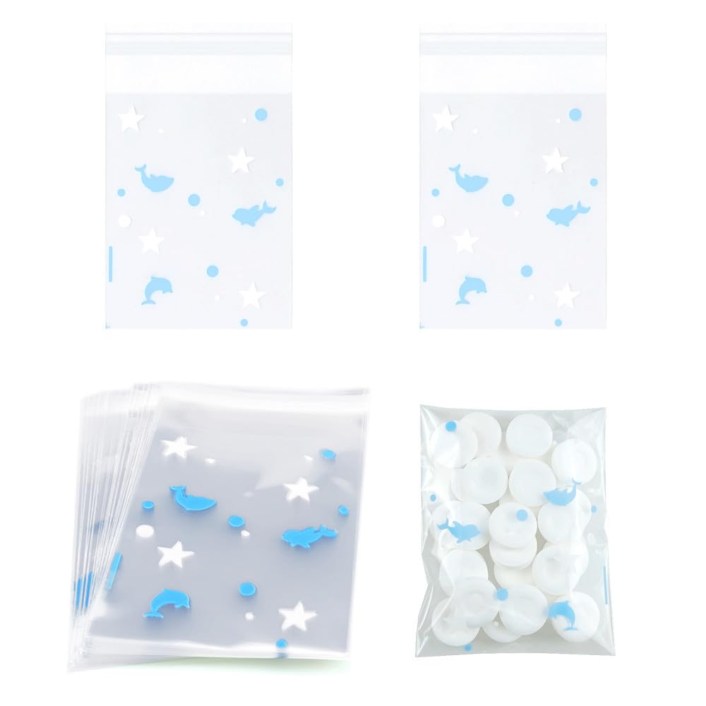 FAZHBARY 100 PCS Mini Blue Fish Cellophane Treat Bags 3x5 Ocean Gift Bag Self Sealing Photocard Sleeves for Candy Chocolate Snacks Cookies Packing Supplies