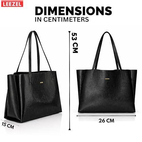 Image of LEEZEL Women's Structured Tote Bag - Large Capacity Work & Travel Purse Croco Pattern Vegan Leather Stylish Tote Bag Classic Everyday Shoulder Bag