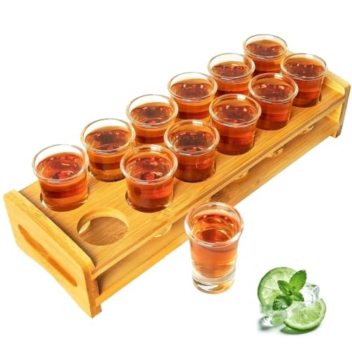 Lot de 12 verres à liqueur, support à cocktail en bois et verre à shot, planche de service à 12...