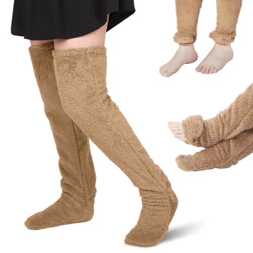Image of Plush Warmth Long Socks, Over Knee High Fuzzy Socks Fuzzy Leg Warmers Plush Slipper Stockings Teddy Leg Long Sock Furry Long Leg Warmers Fuzzy Thigh High Socks for Women Winter Home Sleeping Socks