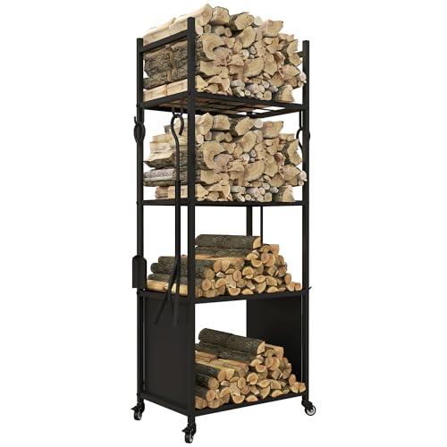 Outsunny Leñero con Ruedas Soporte para Leña de 4 Niveles Estante de Leña con Pala Atizador Cepillo Tenazas para Interior y Exterior 45x30x118 cm Negro