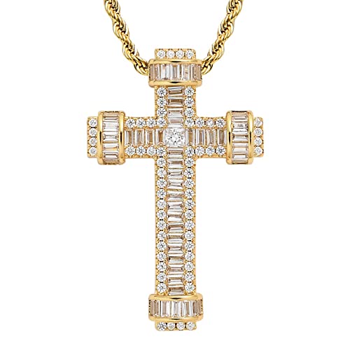 STARCHENIE Cross Necklace for Men Brass Gold Plating Cubic Zirconia Cross Pendant Jesus Christ Jewelry 24'' Rope Chain