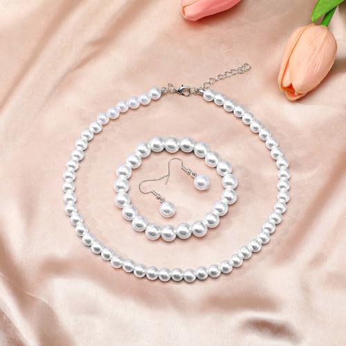 12 Pcs White Pearls Necklace Set 8mm Faux Pearl Necklace and Earring Set for Women Imitation Pearls Necklaces Dangle Earrings Bracelets Costume Jewelry Sets for Wedding Bridal Shower Birthday Gifts3