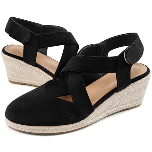 HARENCE Espadrilles Wedge Sandals for Women: Comfortable Closed Toe Ankle Strap Summer Dressy Platform Heels Shoes