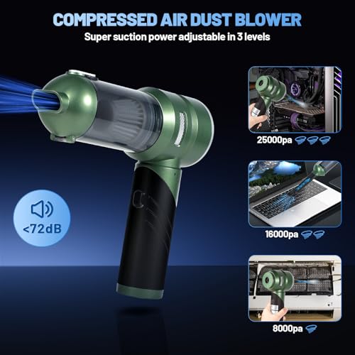 Hansilk Aspirabriciole Senza Fili 25000Pa Aspirapolvere Auto Portatile Potente Con Funzione 4 In 1 Aspirazione Soffiaggio Gonfiaggio Svuotamento Per Casa Ufficio Animali Cucina-Verde Scuro - 3