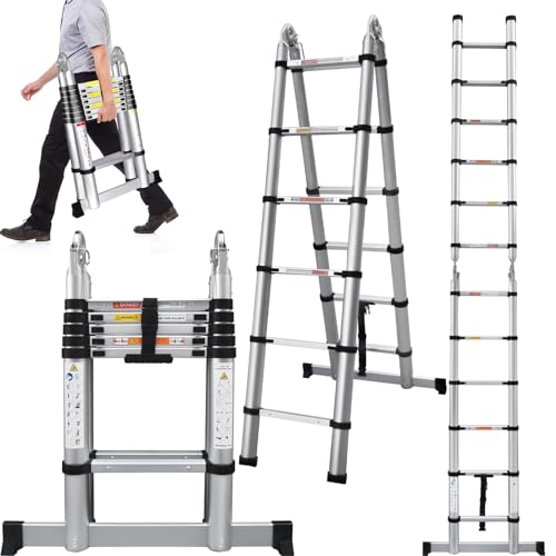 Telescopic A Frame Ladder 3.8M/12.5FT with Stabiliser, Aluminium Extension Folding Step Ladder, Multi Purpose A Frame Ladders Extendable Loft Ladder, Portable Collapsible Outdoor Roof Attic Ladder