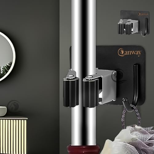 Image of CANWAY 2 Pieces (Black) Self Adhesive Heavy Duty Stainless Steel Wall Mounted Broom and Mop Stick Holder, No Drill Holders for Home, Kitchen, Garden, Laundry and Garage