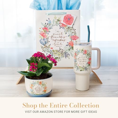 Image of Christian Art Gifts Stainless Steel Double-Wall Insulated XL Travel Mug Tumbler for Women: Sweet Friendship Inspirational Scripture, Reusable Straw, Twist-Dial Lid, White Multicolor Floral, 40 oz.
