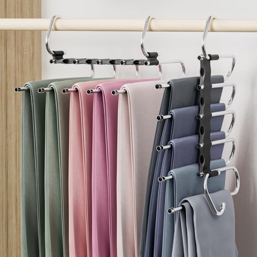 DAMITA Perchas Pantalones Percha Multiple Ahorra Espacio Antideslizantes Plegables 2 Piezas 5 en 1 Negro De Acero Inoxidable Extensible para Pantalones Bufandas Vaqueros Ropa Perchero Vertikaler