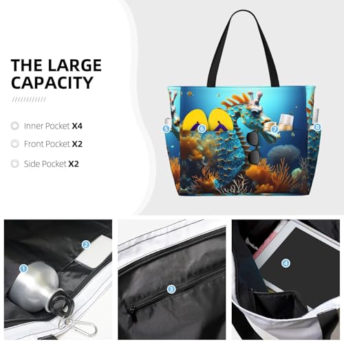 Blue Seahorse Large capacity beach bag with zipper, perfect for grocery bag pool gym travel shopping foldable beach travel bag,3